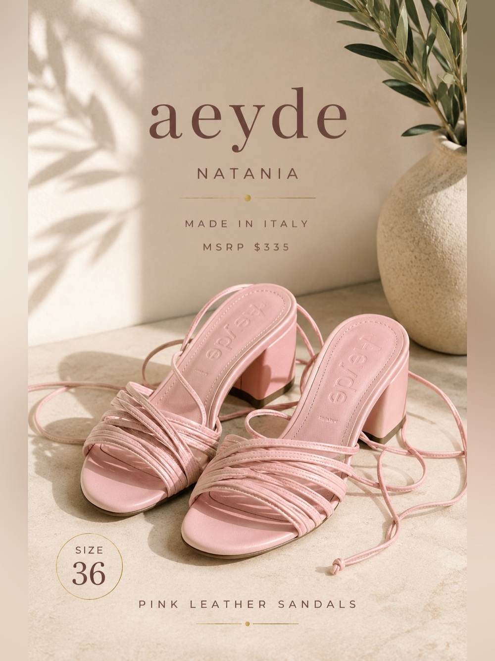 Aeyde Natania Pink Leather Lace-Up Block Heel Sandals Made in Italy Size 36